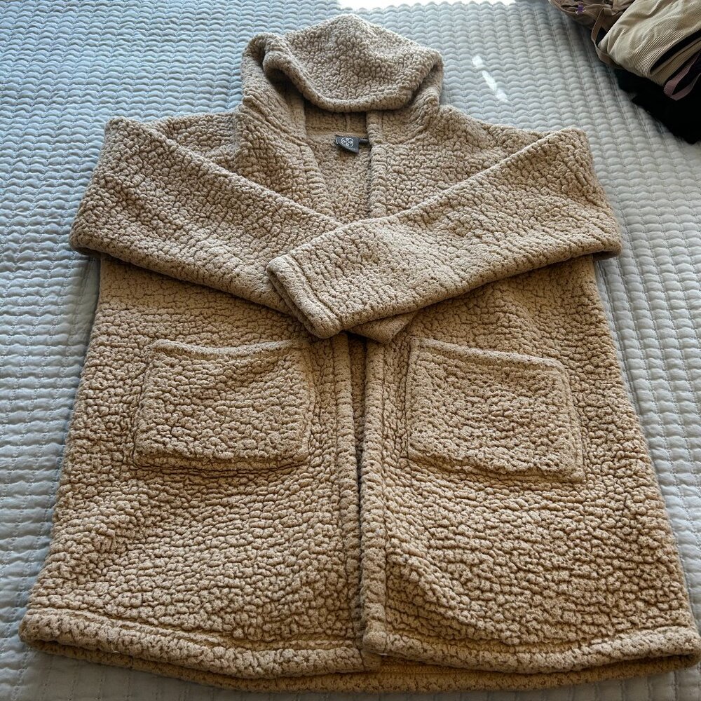 Daisy Fuentes Women’s XL Sherpa Teddy Bear Shacket Jacket w/ Hood Light Brown